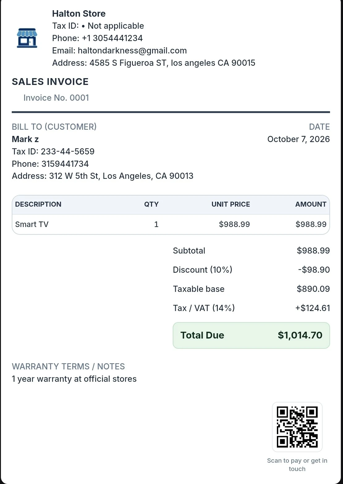 Example of a professional sales receipt