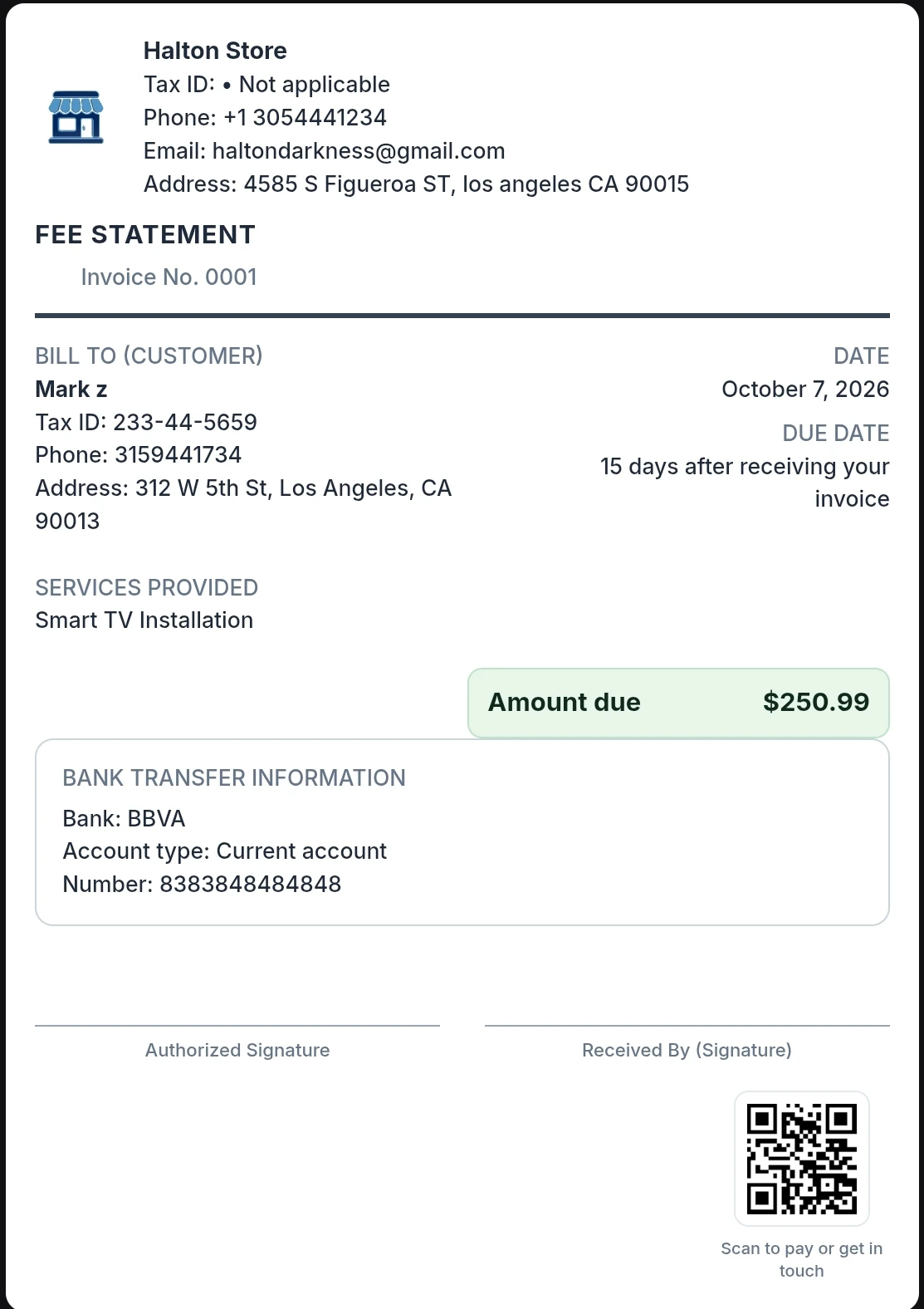 Example of a professional fee statement
